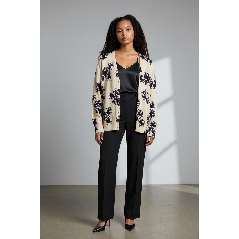 Ann Taylor Floral Button Front Cardigan Sweater Crew Neck Cotton Modal Size M